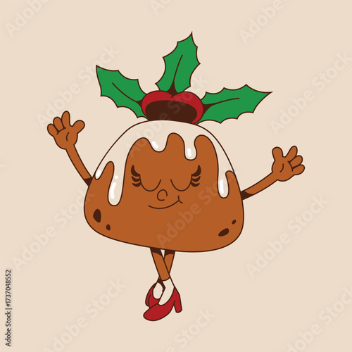 Retro Cartoon Christmas Pudding with Holly Berries and Ballet Shoes Illustration