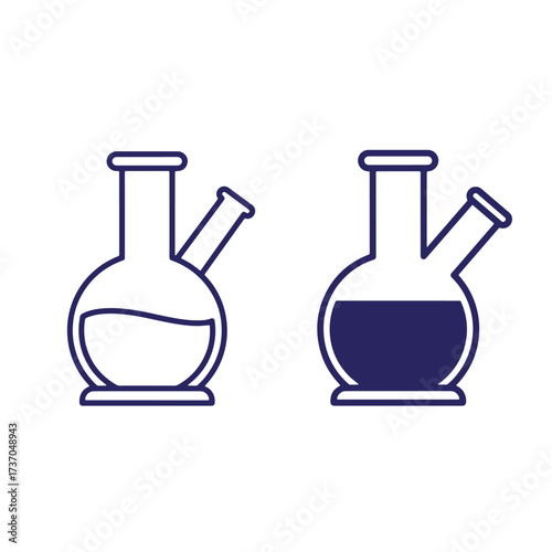 Simple vector illustrations of two laboratory flasks filled with liquids in a dark blue color