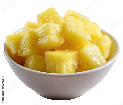 Cubes of ripe pineapple in a white bowl