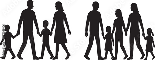 Family silhouettes in a row: Elegant silhouettes of families walk, with parents and children hand in hand, suggesting togetherness and connection. 