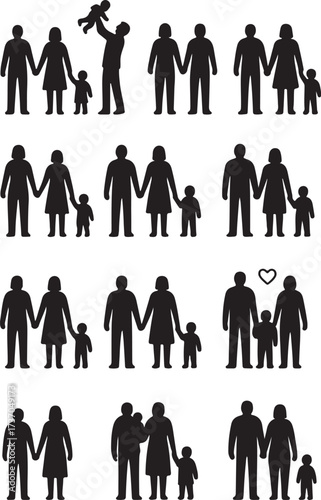 Family Silhouettes: A collection of stylized silhouettes depict diverse family units holding hands, highlighting the values of love, unity, and the special bond between parents and child.