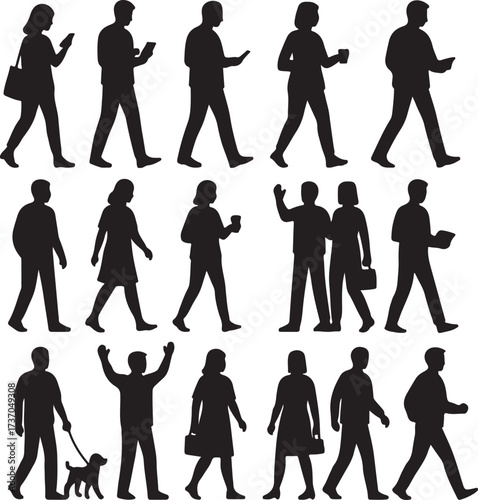 Silhouettes of Everyday Life: A collection of silhouetted individuals, engrossed in their activities, traverse the scene. Some walk with purpose, while others pause.