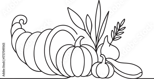 Thanksgiving Harvest Abundance: An illustration of a cornucopia overflowing with a variety of autumnal harvest elements, celebrating the bounty and spirit of Thanksgiving.