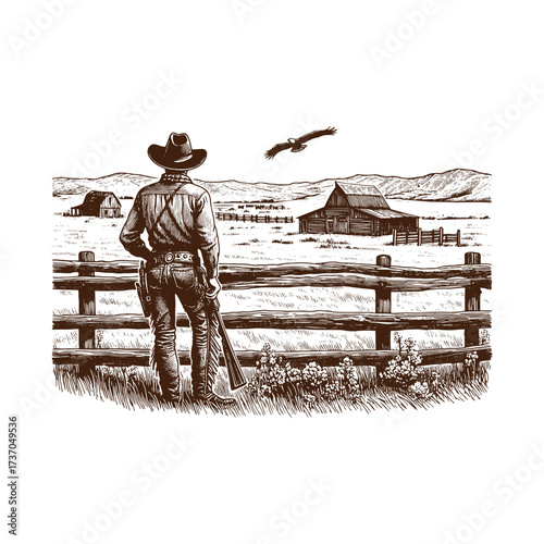 Vintage Western Cowboy Overlooking Ranch Landscape