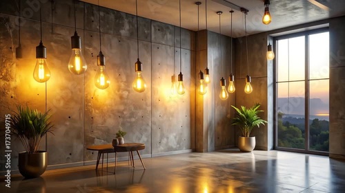 Luxurious Interior Design with Bulb Lighting and Modern Industrial Aesthetics