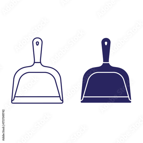 Two dustpan icons vector illustration in outline and solid blue for cleaning or hygiene concepts