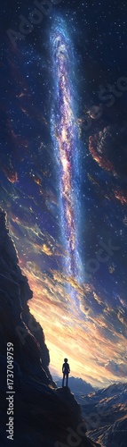 Silhouette of a person gazing at a vibrant night sky filled with stars and a bright celestial phenomenon.