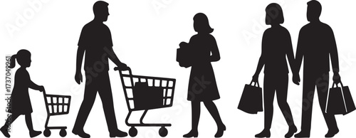 Silhouette Shopping Spree: A collection of silhouettes depicts a shopping spree, with individuals and families navigating the aisles and enjoying the retail experience.
