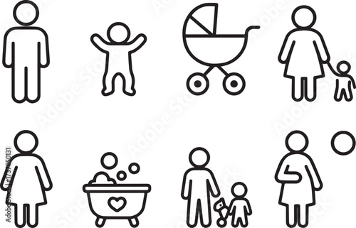 Family Icon Collection: Simple, clean icons illustrating various family members and elements associated with family life, evoking a sense of togetherness, simplicity and everyday moments.