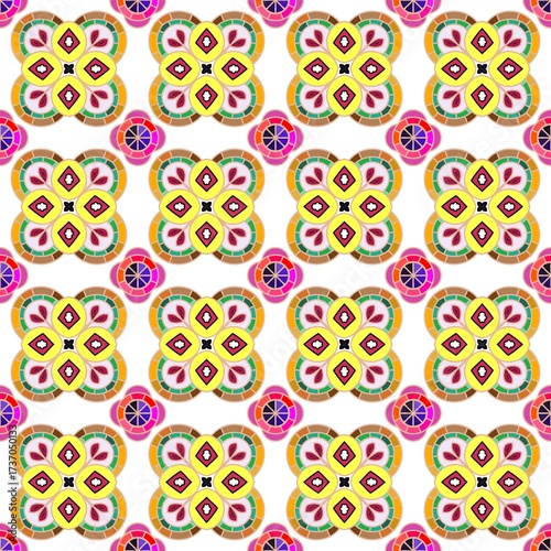 Vibrant, colorful seamless Thai pattern on a clean white background. Bold geometric floral motifs create a fun, lively, and retro-inspired aesthetic.