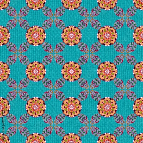 Seamless Thai pattern in rich turquoise blue. Intricate, beautiful floral motifs on a textured background evoke a luxurious Oriental and elegant feel.