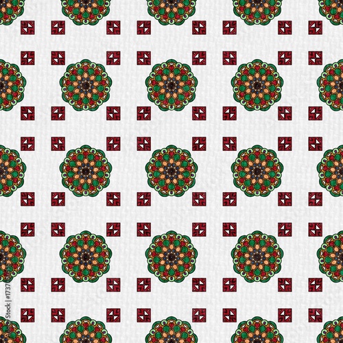 Seamless Thai folk pattern in warm green and red tones, set on a textured white background. Intricate floral and geometric motifs create a charming, rustic feel.