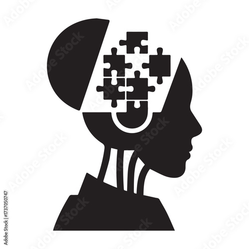 Vector art of a robot head with puzzle pieces inside, representing artificial intelligence and the complexity of the human mind
