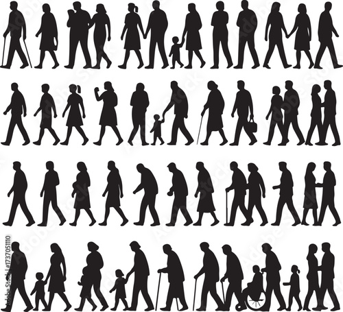 Silhouette Crowd: A composite of black silhouette of diverse people showing a variety of activity from walking, leading a child or old person. The image symbolizes movement, diversity.