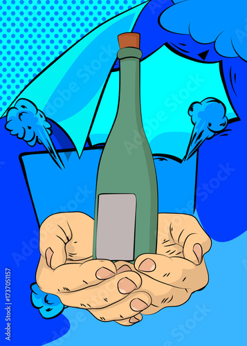 Cartoon, comic book human hands holding glass bottle. Retro vector comics pop art design.