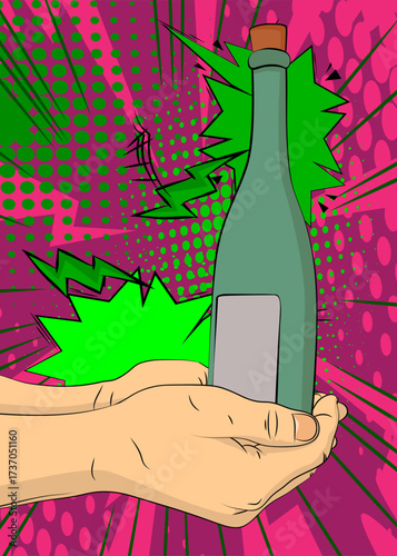 Cartoon, comic book human hands holding glass bottle. Retro vector comics pop art design.