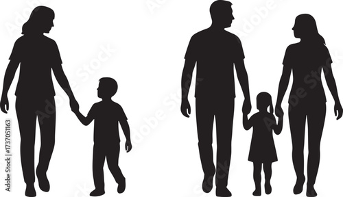 Family Silhouette: A pair of silhouette families, each walking hand-in-hand in a heartwarming display of familial bonds, celebrating love and togetherness.