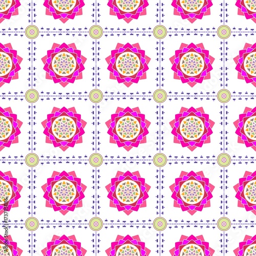 Seamless Thai-inspired pattern in bold magenta and white. Striking geometric lotus flower motifs offer a modern, energetic, and feminine look. Perfect for fashion and design projects.