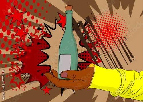 Cartoon, comic book human hands holding glass bottle. Retro vector comics pop art design.