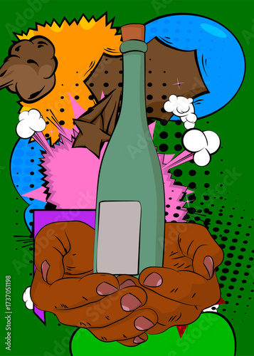 Cartoon, comic book human hands holding glass bottle. Retro vector comics pop art design.