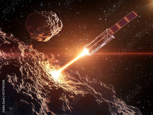 Space probe impacting asteroid in deep space exploration mission with cosmic backdrop.