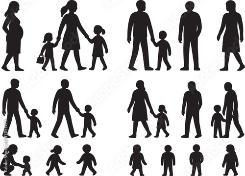 Silhouettes of Family Figures: A diverse collection of monochrome silhouettes featuring family dynamics, depicting parent-child interactions and various stages of life.