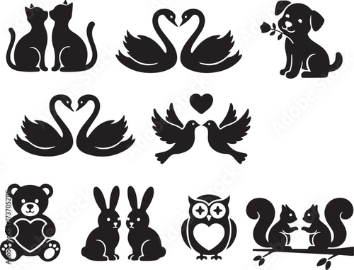 Animal Love: A heartwarming collection of black silhouette images showcasing love and affection between various animals, each illustration radiates tenderness and companionship.