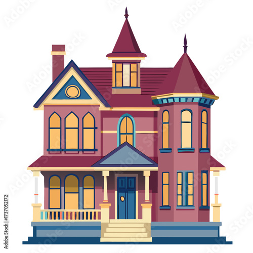 Victorian-style two-story house with purple-red walls, turrets, ornate windows, front porch, and stairs.