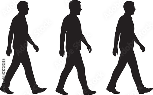 Walking Silhouettes: Three distinct male silhouettes stride confidently in a clean, stark environment. Their postures evoke a sense of motion, direction, and purposeful travel.