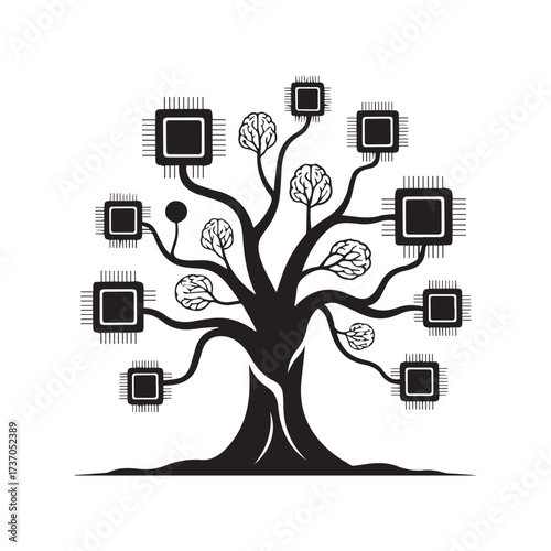 Vector art of artificial intelligence concept with tree of knowledge and microchips