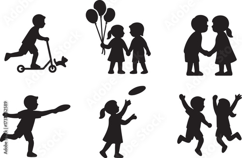 Kids silhouettes Collection : This illustration features a charming collection of silhouettes of kids joyfully engaged in a variety of playful activities, capturing the spirit of childhood. 