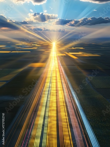 Stunning aerial view of a bright, illuminated highway stretching under a dramatic sunset, symbolizing fast travel and modern technology.