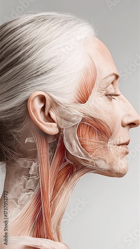 Elderly female face anatomy video showing facial muscles, skin texture, expression lines, close-up detailed visualization