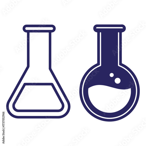 Two laboratory flasks in outline style representing chemical experimentation and scientific research