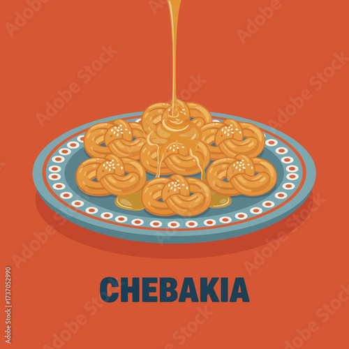 Flat, minimal illustration of Chebakia featuring multiple elements centrally arranged: twisted sesame pastries, honey drizzle, decorative plate. Bold text Chebakia underneath.
