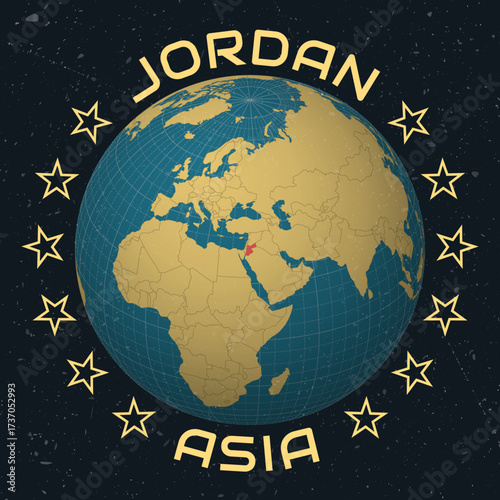 Hashemite Kingdom of Jordan on Globe. Country name round text. Vintage look with grunge scratched texture. Country view on world map in Sky Blue Light Yellow color palette. Jordan shape on map.