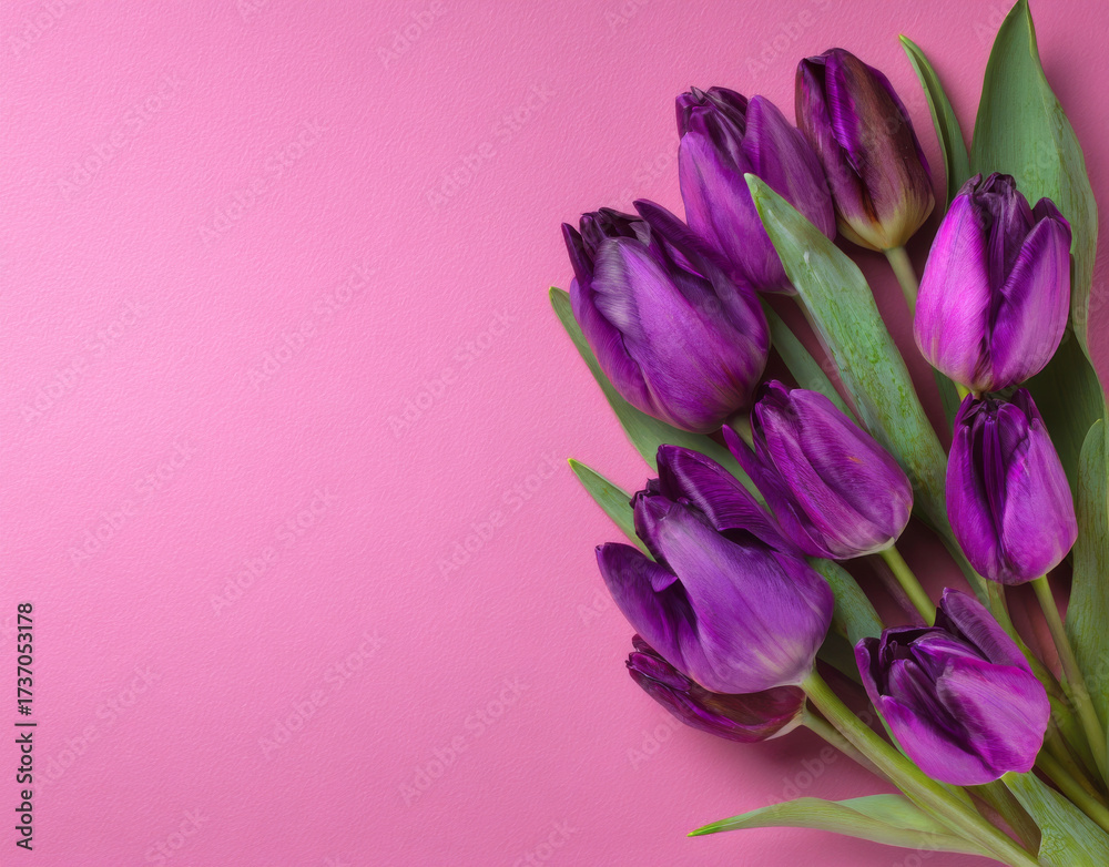 Fototapeta premium Beautiful purple tulips arranged elegantly on soft pink background, creating vibrant and cheerful atmosphere