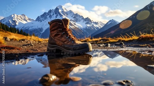 Magnificent Vista of Hiking Boot and Mountain Reflection in a Serene Wilderness