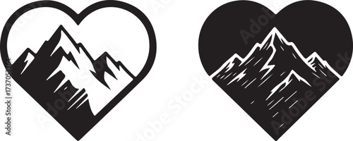 Mountain Love: A set of two black and white illustrations features rugged mountain scenery nested within the gentle embrace of a heart, symbolizing the enduring affection for nature and adventure.