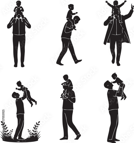 Father and Child's Joyful Moment: A graphic illustration showcases a series of silhouetted moments between a father and child, each scene radiating warmth and affection.