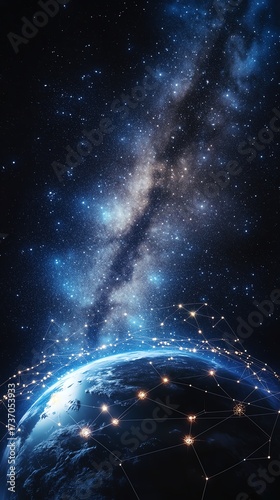 Stunning view of Earth from space with glowing network and starry galaxy above, capturing cosmic beauty.