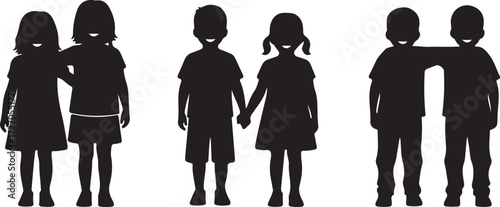Friendship and Support: A set of silhouettes depicting children in various forms of camaraderie, holding hands and embracing, representing the bond of friendship and the support found within it. 