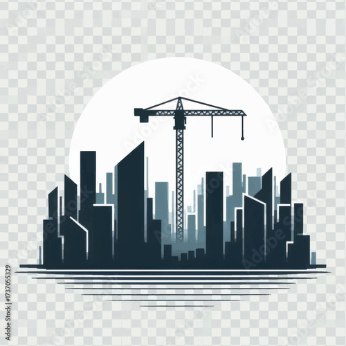City skyline with construction crane silhouette against the sun.