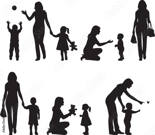 Moments of Motherhood Silhouette: A compilation of silhouettes depicts tender scenes of motherhood, celebrating the unique bond between a mother and her child through simple and emotive forms.