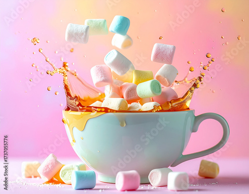 Assorted pastel marshmallows are dropping into a teacup, splashing the amber liquid high into the air