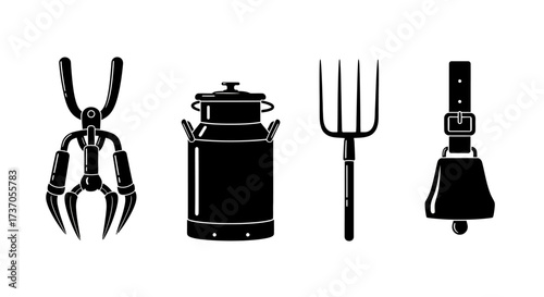 Farm tools Claw, milk churn, pitchfork, and cowbell in graphic silhouette