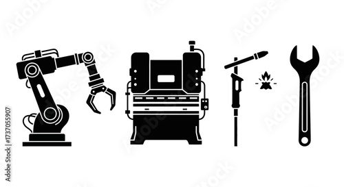 Industrial Icons Robotic Arm, Machinery, Welding Torch, and Wrench in Black