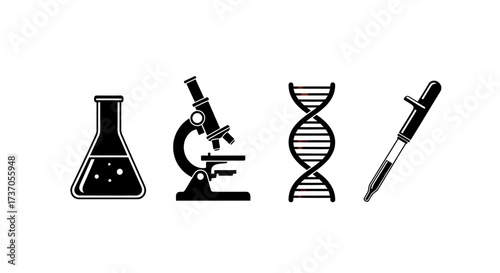 Scientific tools Beaker, microscope, DNA strand, and dropper in illustration