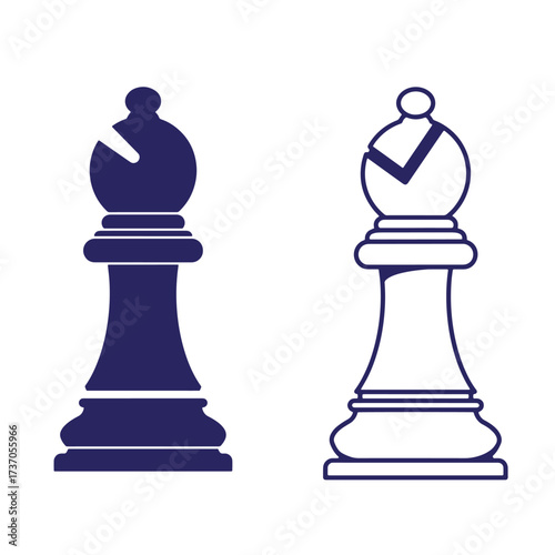 Two stylized bishop chess pieces depicted in dark blue and outlined versions