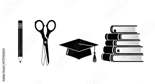 Educational Supplies Pencil, Scissors, Graduation Cap, Books, and Learning Tools
